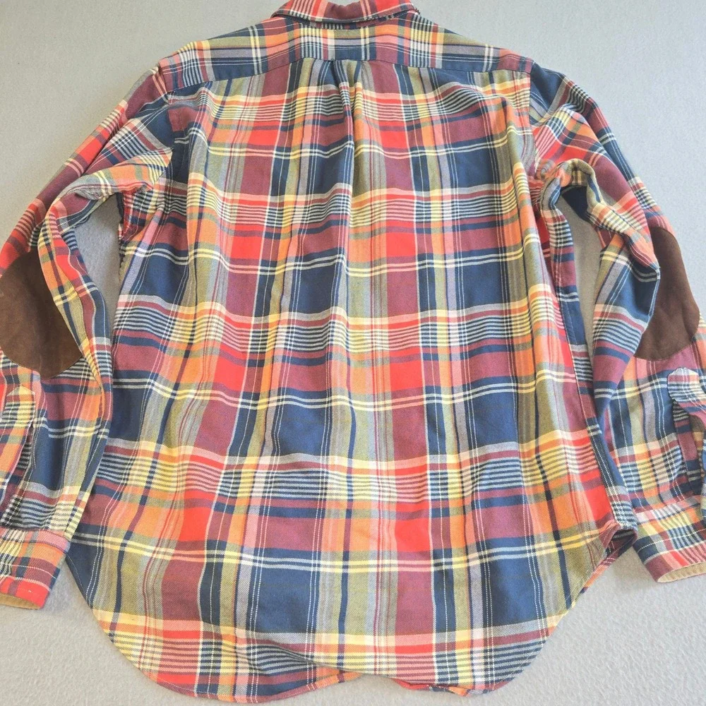 Polo Ralph Lauren Button Down Mens M Multicolor Plaid Suede Elbow Patches Cotton